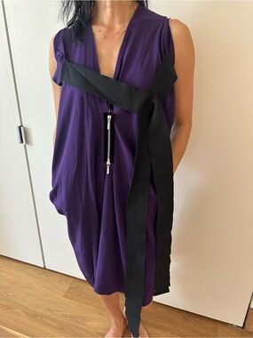 Zero + Maria Cornejo Deep Purple Sill Midi Dress with Black Sash